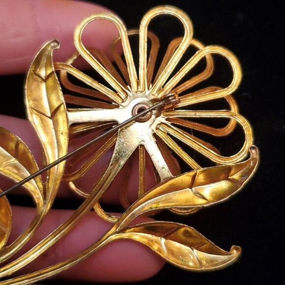 Aquamarine Center Flower Brooch Floral Pin Statement Gold Tone Vintage Unsigned - Picture 5 of 7